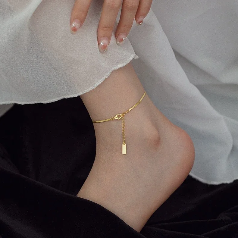 Sleek Herringbone 925 Sterling Silver Tag Anklet