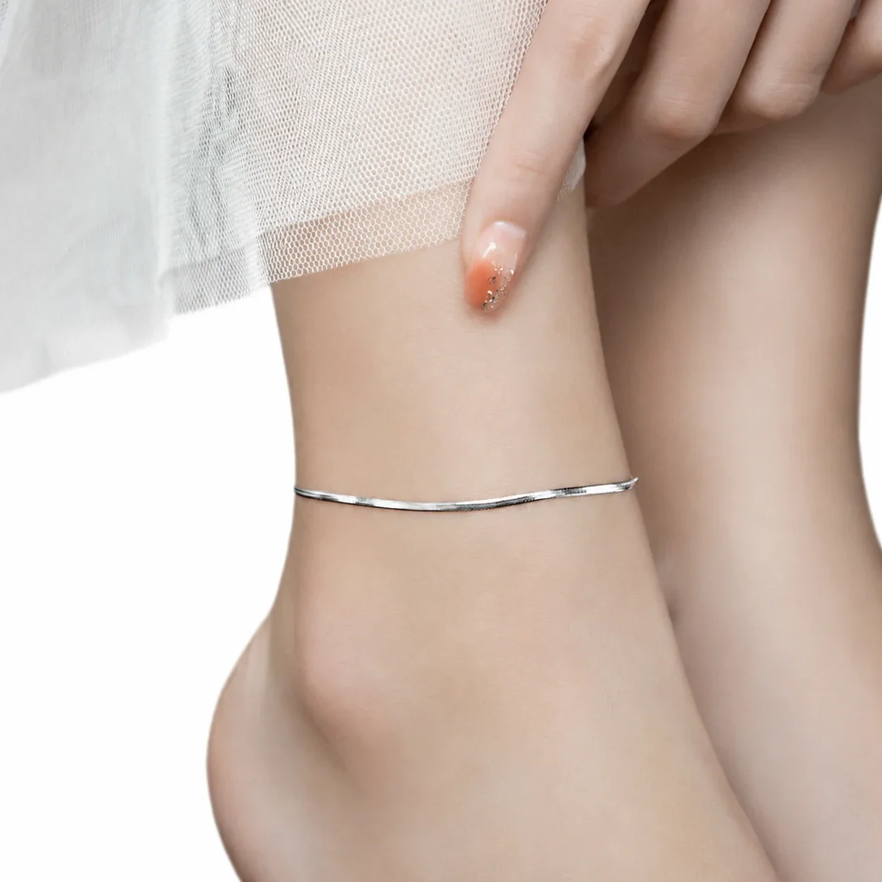 Sleek Herringbone 925 Sterling Silver Tag Anklet