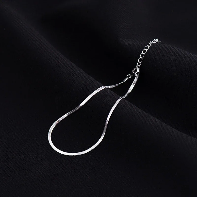 Sleek Herringbone 925 Sterling Silver Tag Anklet - Silver