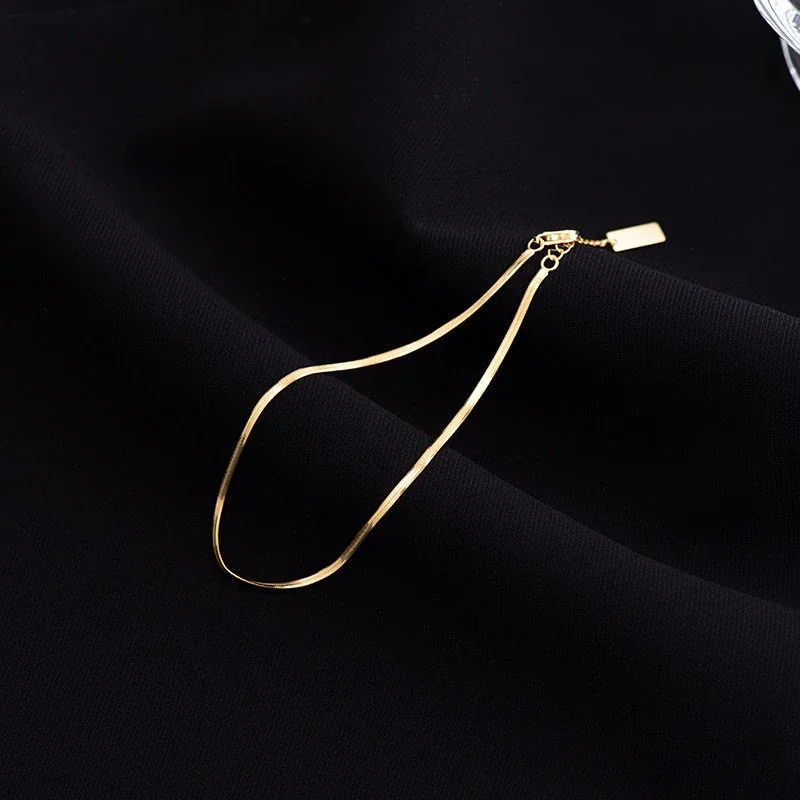 Sleek Herringbone 925 Sterling Silver Tag Anklet - Gold