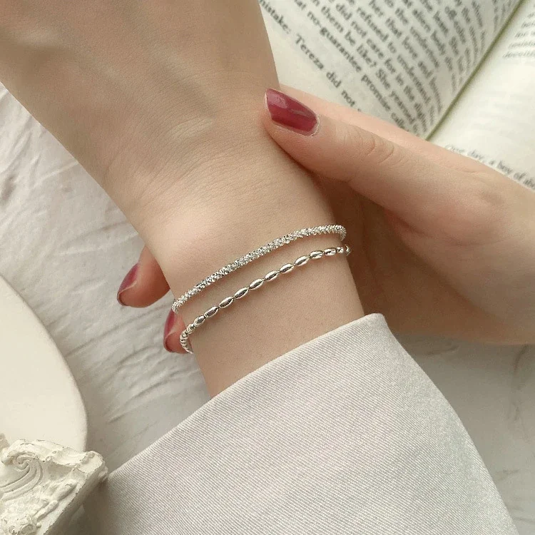 Textured Double-Strand Oval Bead 925 Sterling Silver Bracelet