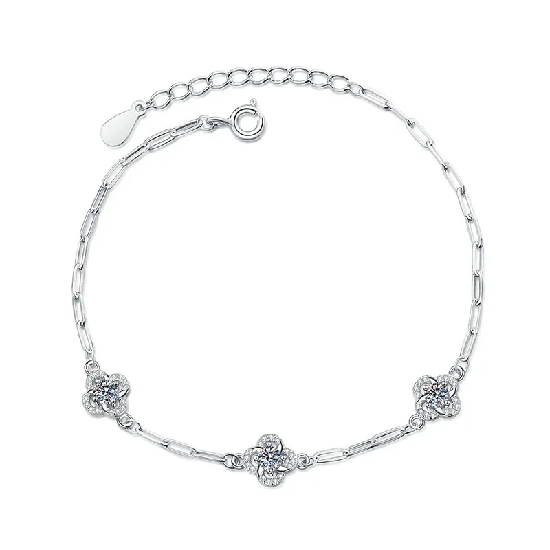 Floral 925 Sterling Silver Paperclip Moissanite Bracelet
