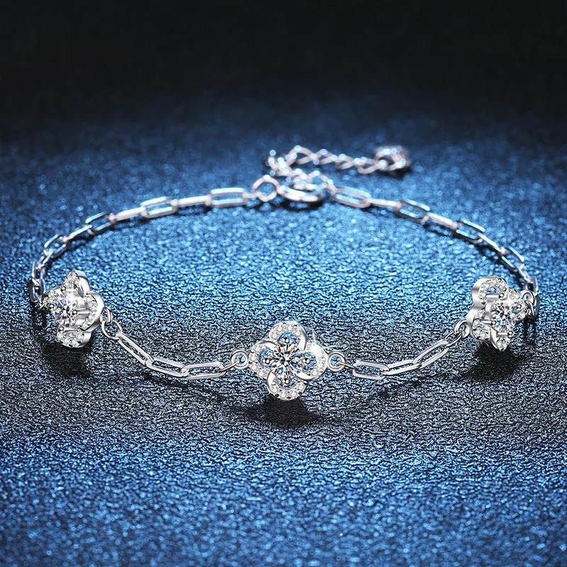 Floral 925 Sterling Silver Paperclip Moissanite Bracelet