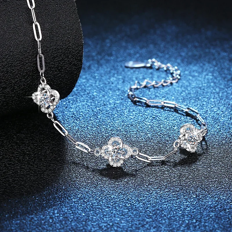Floral 925 Sterling Silver Paperclip Moissanite Bracelet