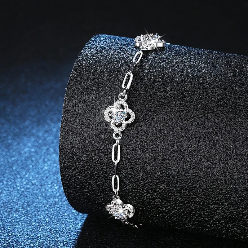 Floral 925 Sterling Silver Paperclip Moissanite Bracelet