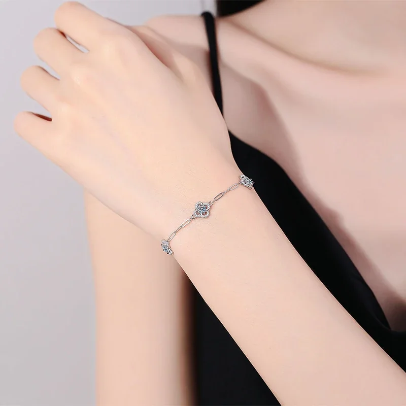 Floral 925 Sterling Silver Paperclip Moissanite Bracelet
