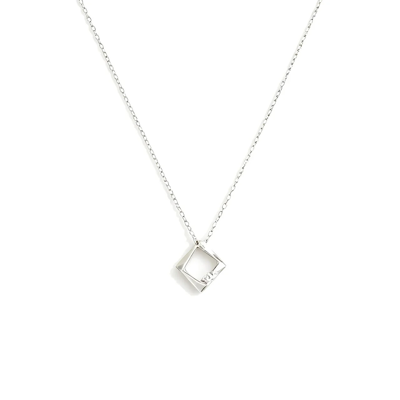 Delicate Open-Square Crystal Accent 925 Sterling Silver Necklace