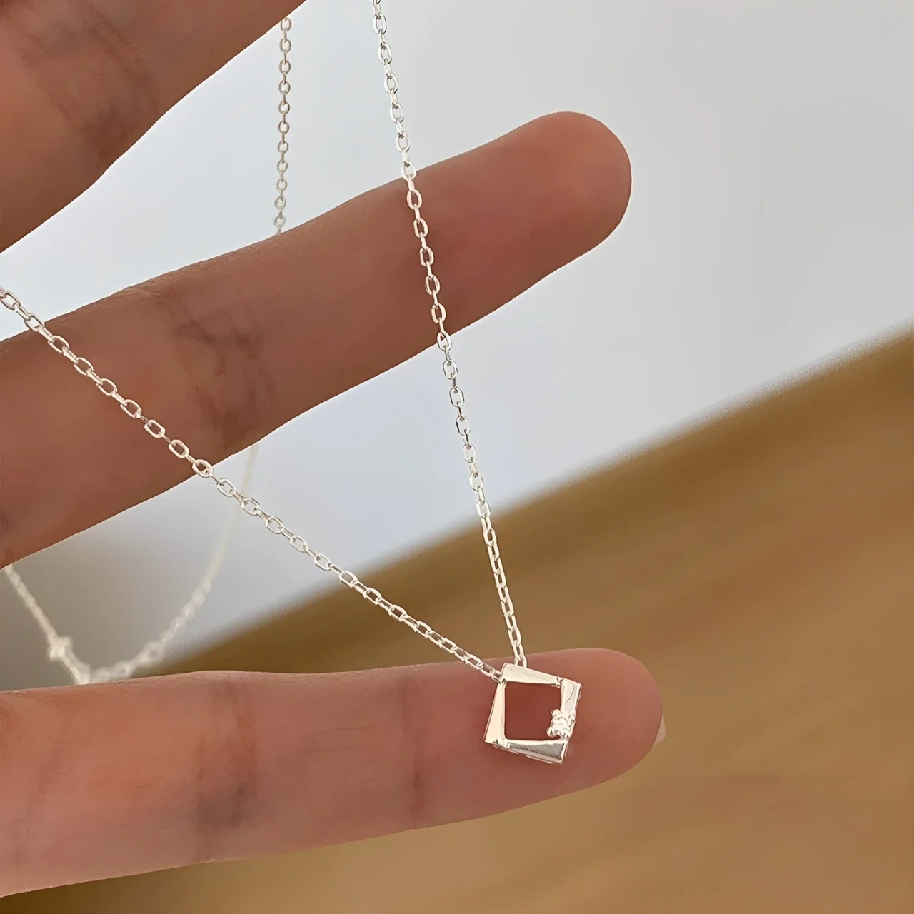 Delicate Open-Square Crystal Accent 925 Sterling Silver Necklace