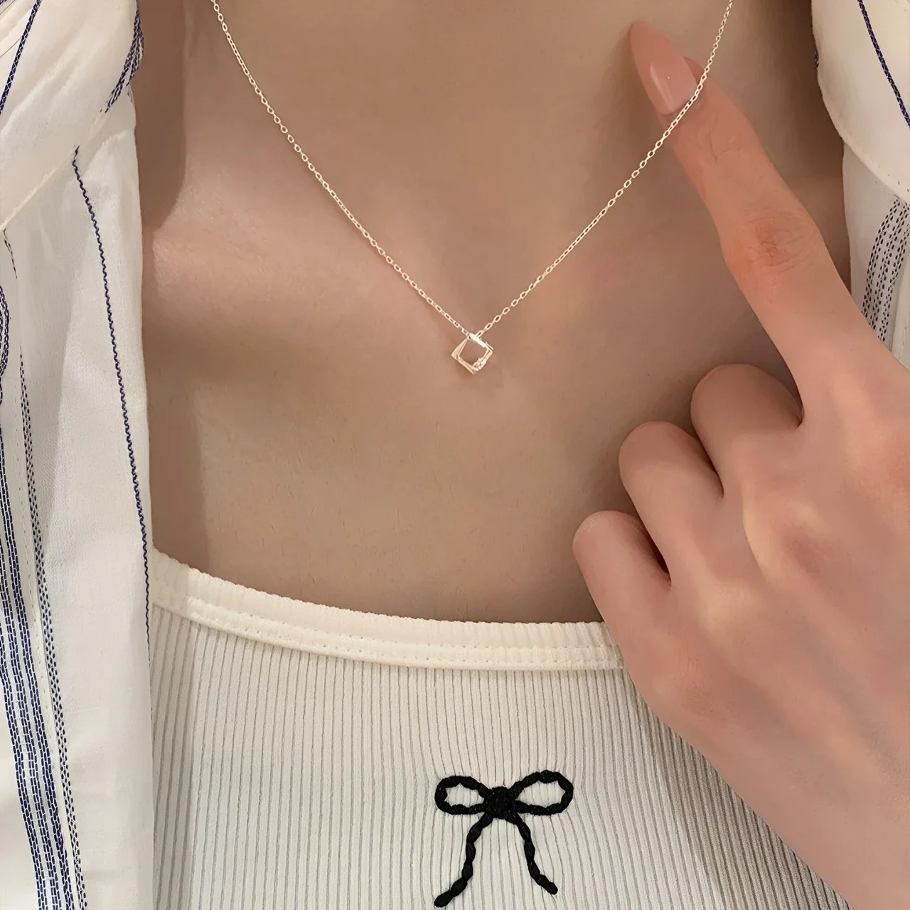 Delicate Open-Square Crystal Accent 925 Sterling Silver Necklace
