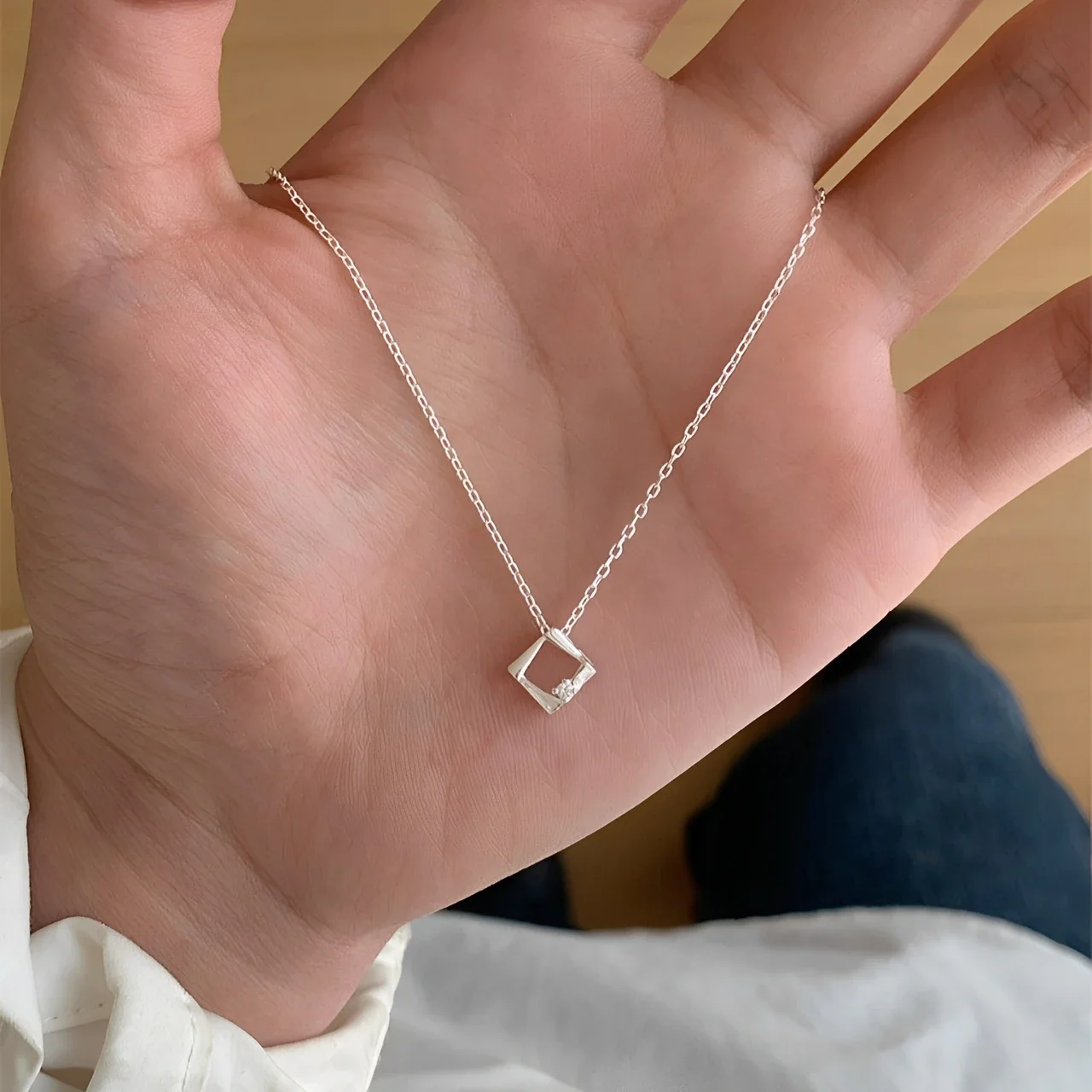 Delicate Open-Square Crystal Accent 925 Sterling Silver Necklace