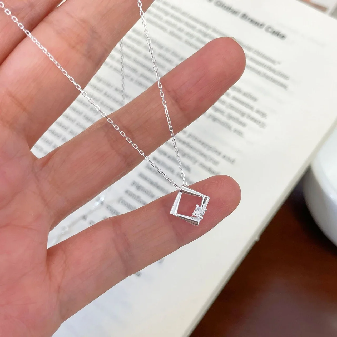 Delicate Open-Square Crystal Accent 925 Sterling Silver Necklace - Silver