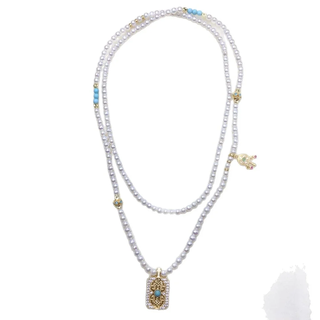 Ornate Gold-Plated Pearl Bead Turquoise Charm Necklace