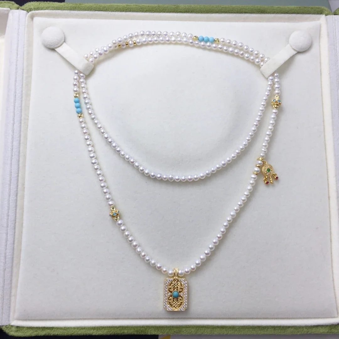 Ornate Gold-Plated Pearl Bead Turquoise Charm Necklace