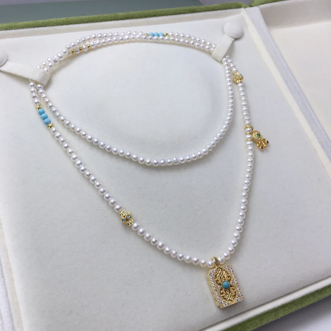 Ornate Gold-Plated Pearl Bead Turquoise Charm Necklace