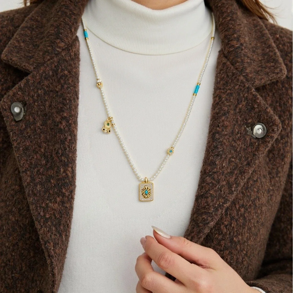 Ornate Gold-Plated Pearl Bead Turquoise Charm Necklace