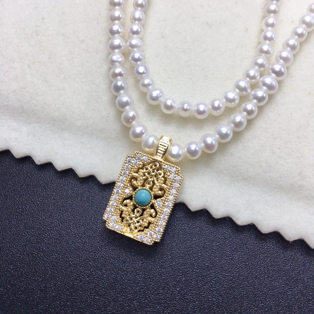 Ornate Gold-Plated Pearl Bead Turquoise Charm Necklace