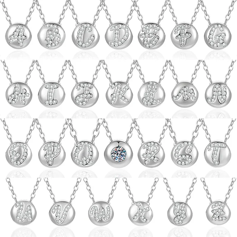 Polished Disc 925 Sterling Silver Pavé Letter Necklace