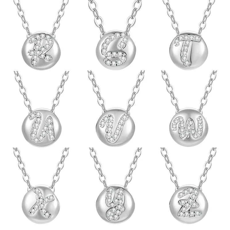 Polished Disc 925 Sterling Silver Pavé Letter Necklace