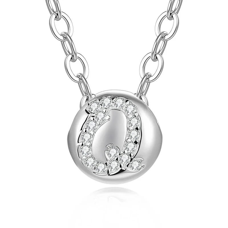 Polished Disc 925 Sterling Silver Pavé Letter Necklace - Q