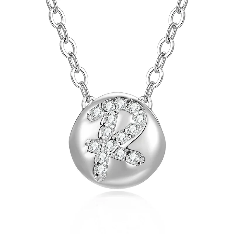Polished Disc 925 Sterling Silver Pavé Letter Necklace - R