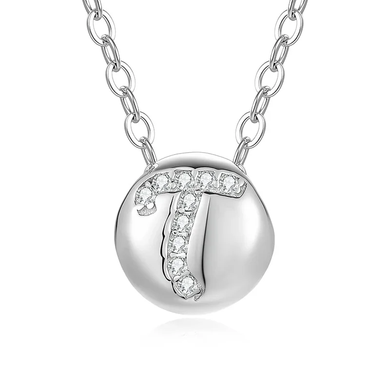 Polished Disc 925 Sterling Silver Pavé Letter Necklace - T