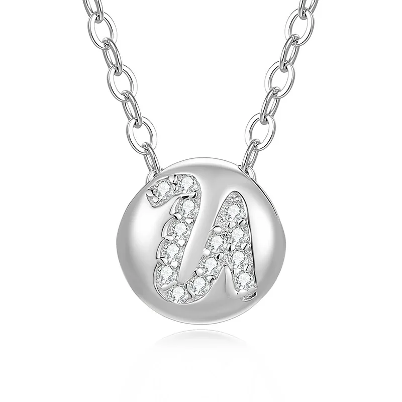 Polished Disc 925 Sterling Silver Pavé Letter Necklace - U