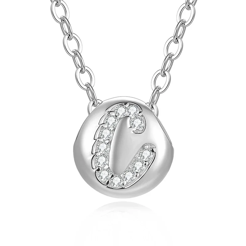 Polished Disc 925 Sterling Silver Pavé Letter Necklace - C
