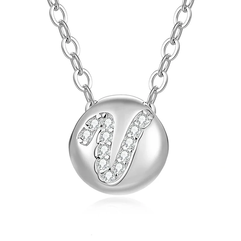 Polished Disc 925 Sterling Silver Pavé Letter Necklace - V