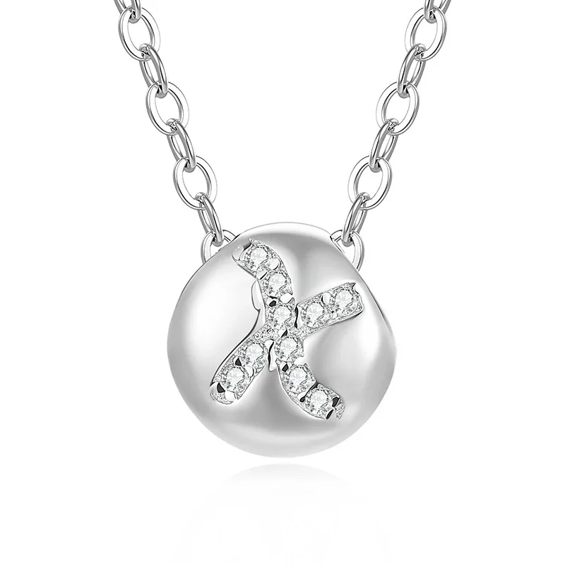 Polished Disc 925 Sterling Silver Pavé Letter Necklace - X