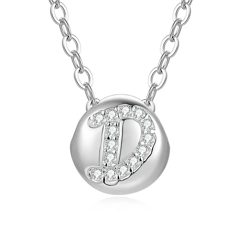 Polished Disc 925 Sterling Silver Pavé Letter Necklace - D