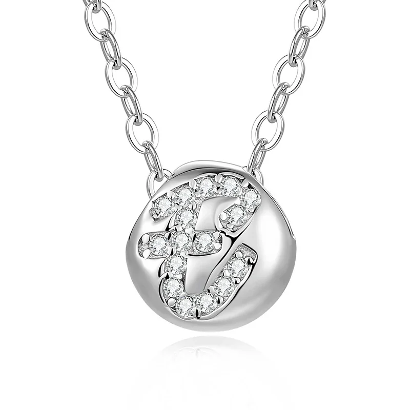 Polished Disc 925 Sterling Silver Pavé Letter Necklace - E