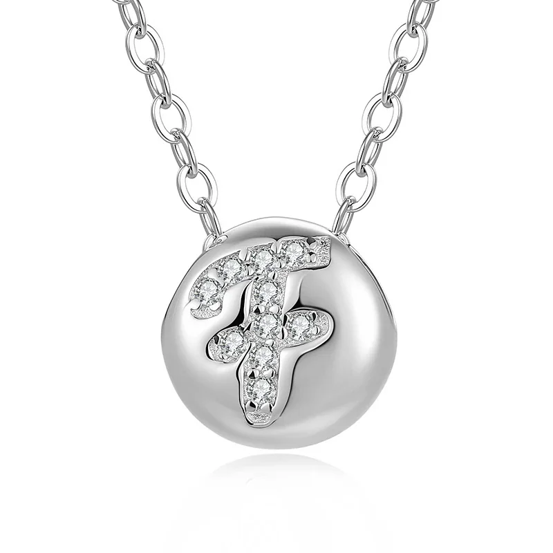 Polished Disc 925 Sterling Silver Pavé Letter Necklace - F