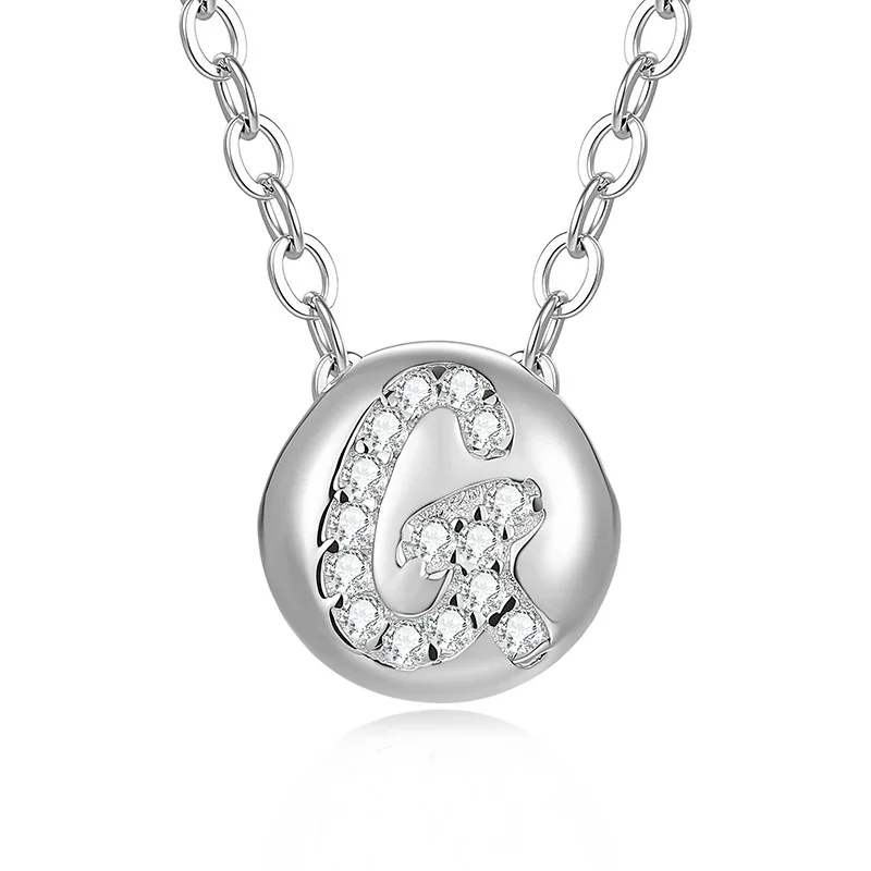 Polished Disc 925 Sterling Silver Pavé Letter Necklace - G
