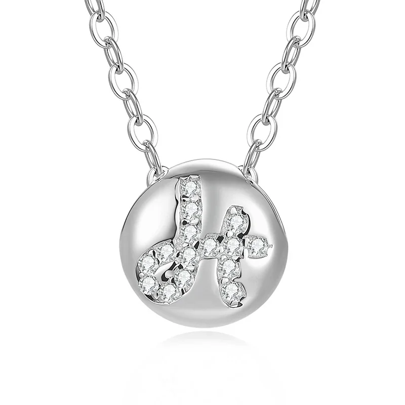 Polished Disc 925 Sterling Silver Pavé Letter Necklace - H