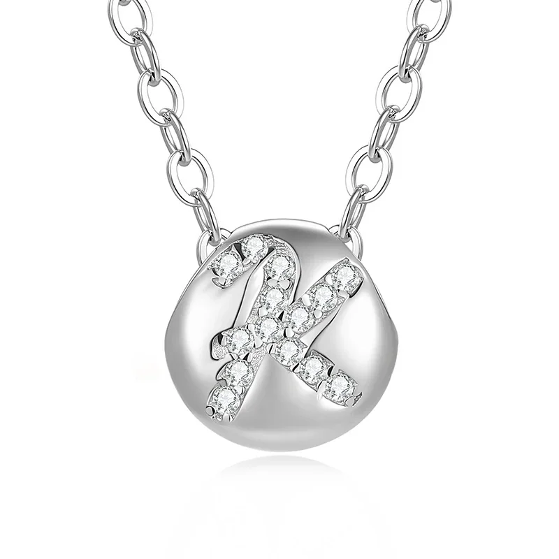 Polished Disc 925 Sterling Silver Pavé Letter Necklace - K