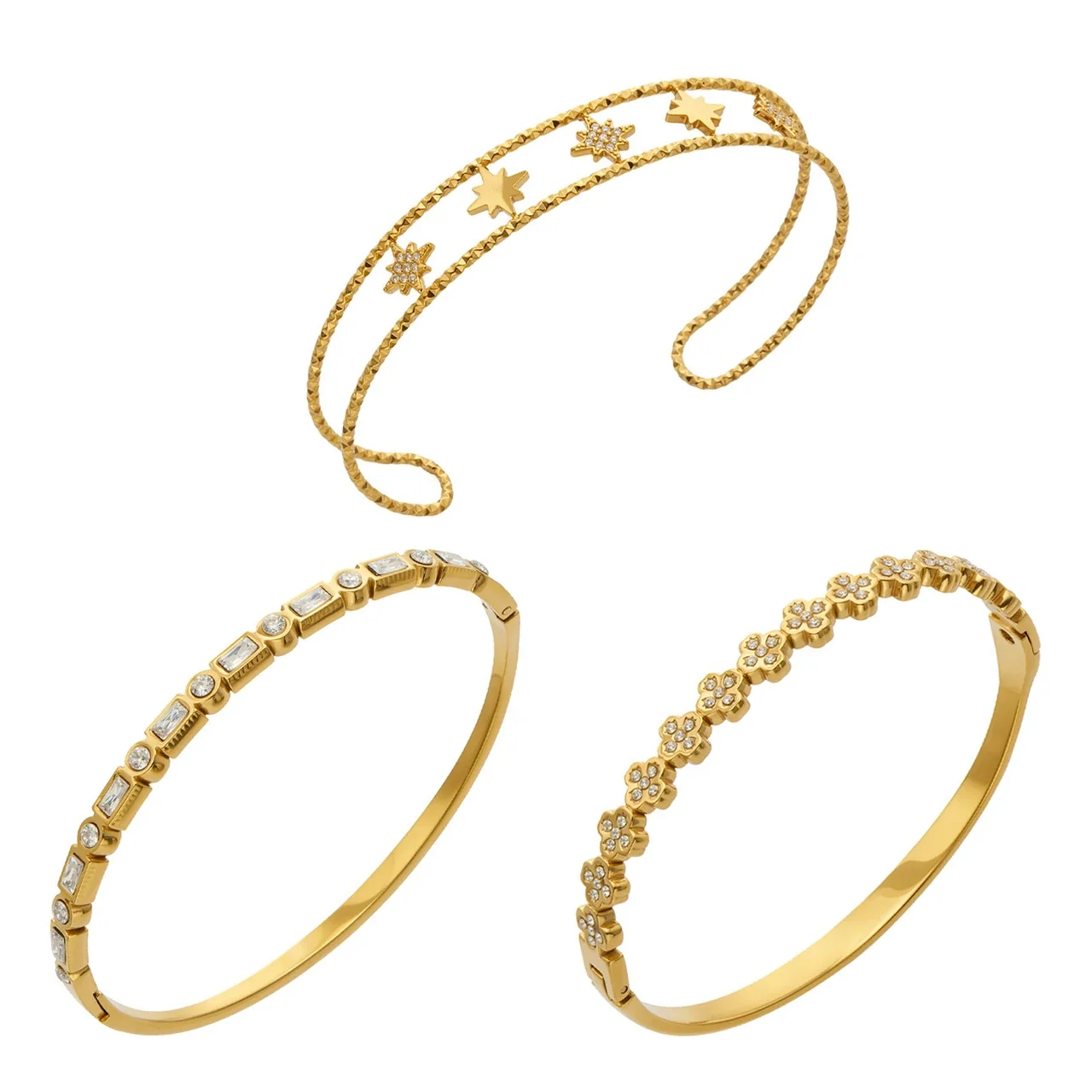 Radiant 18K Gold-Plated CZ Clover Stars Bangle