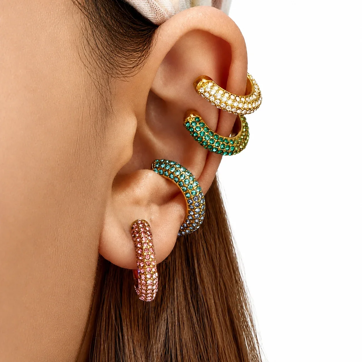 Curved Gold-Plated Pavé Round CZ Ear Cuff Earrings