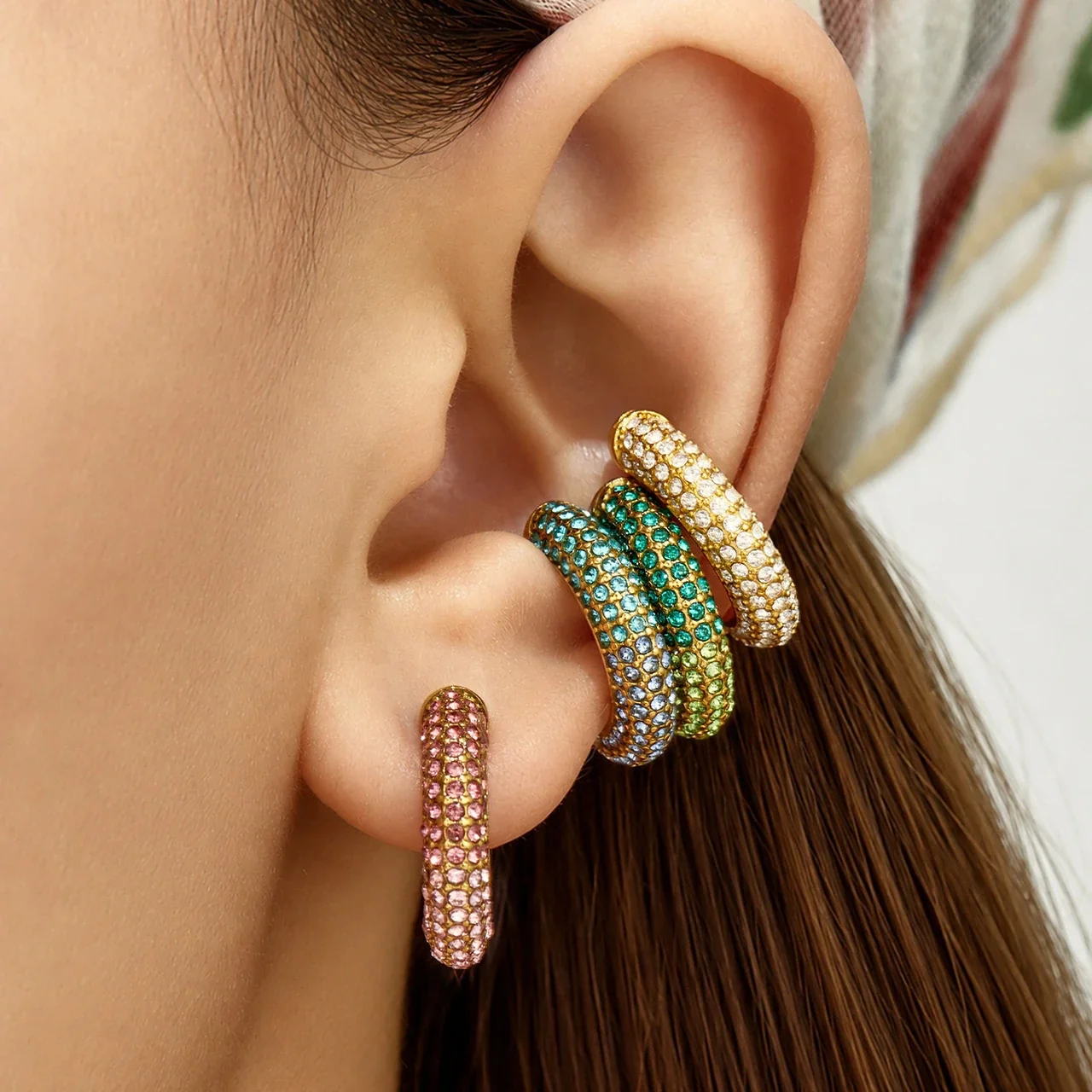 Curved Gold-Plated Pavé Round CZ Ear Cuff Earrings