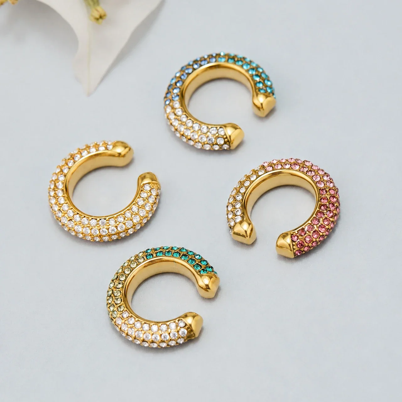 Curved Gold-Plated Pavé Round CZ Ear Cuff Earrings