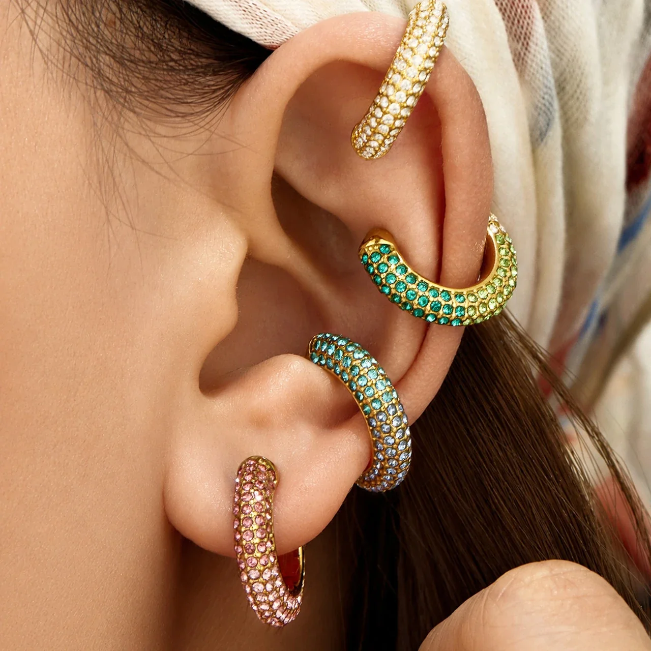 Curved Gold-Plated Pavé Round CZ Ear Cuff Earrings