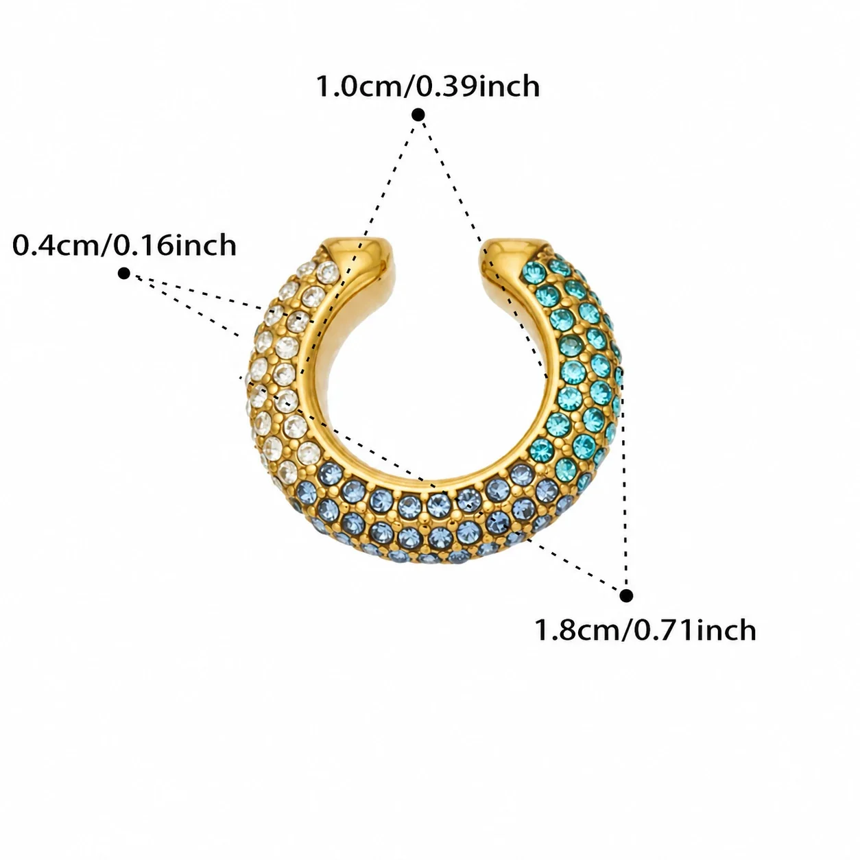Curved Gold-Plated Pavé Round CZ Ear Cuff Earrings - Gold Blue CZ