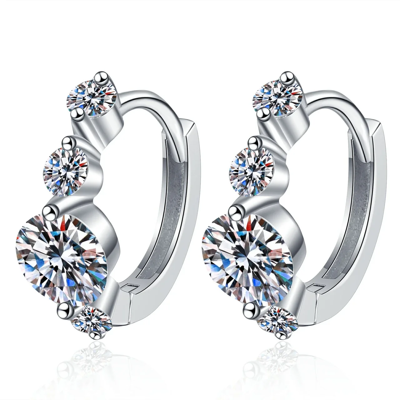Graduated Round Moissanite 925 Sterling Silver Hoop Earrings
