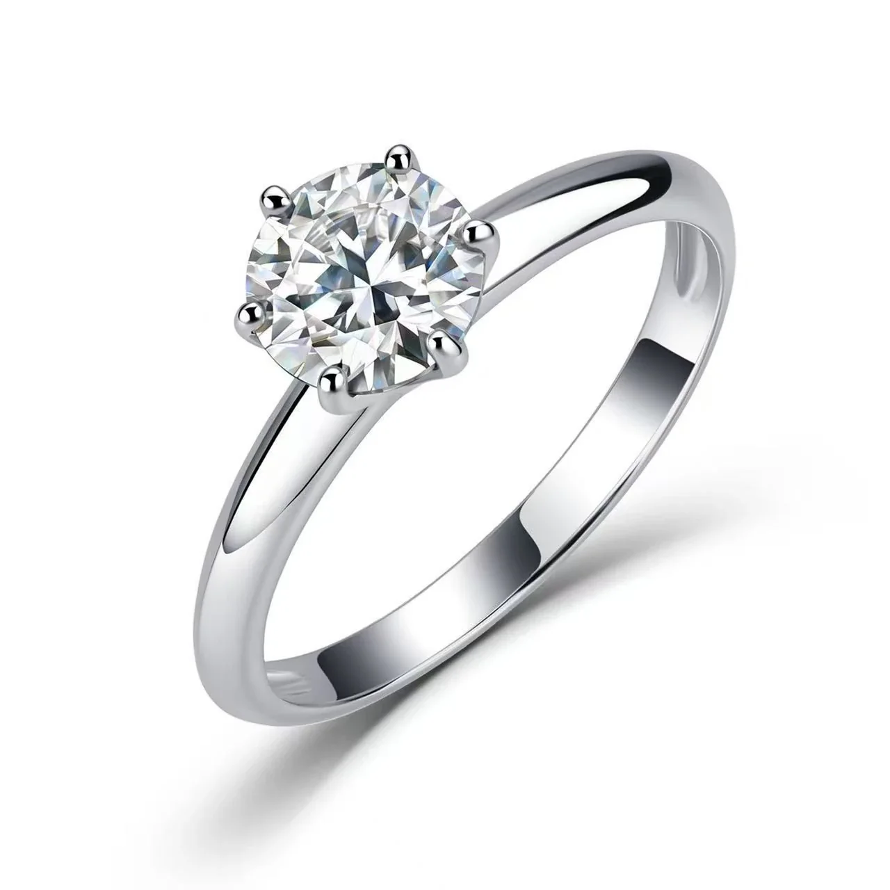 Classic 925 Sterling Silver Six-Prong Round Moissanite Ring