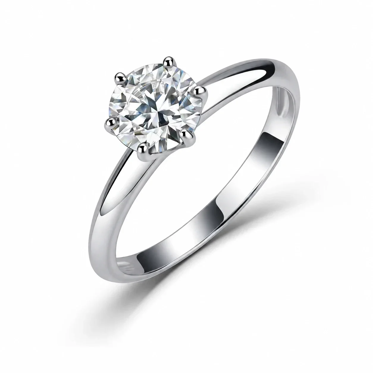 Classic 925 Sterling Silver Six-Prong Round Moissanite Ring