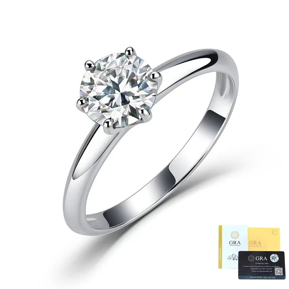 Classic 925 Sterling Silver Six-Prong Round Moissanite Ring - 2 ct Silver