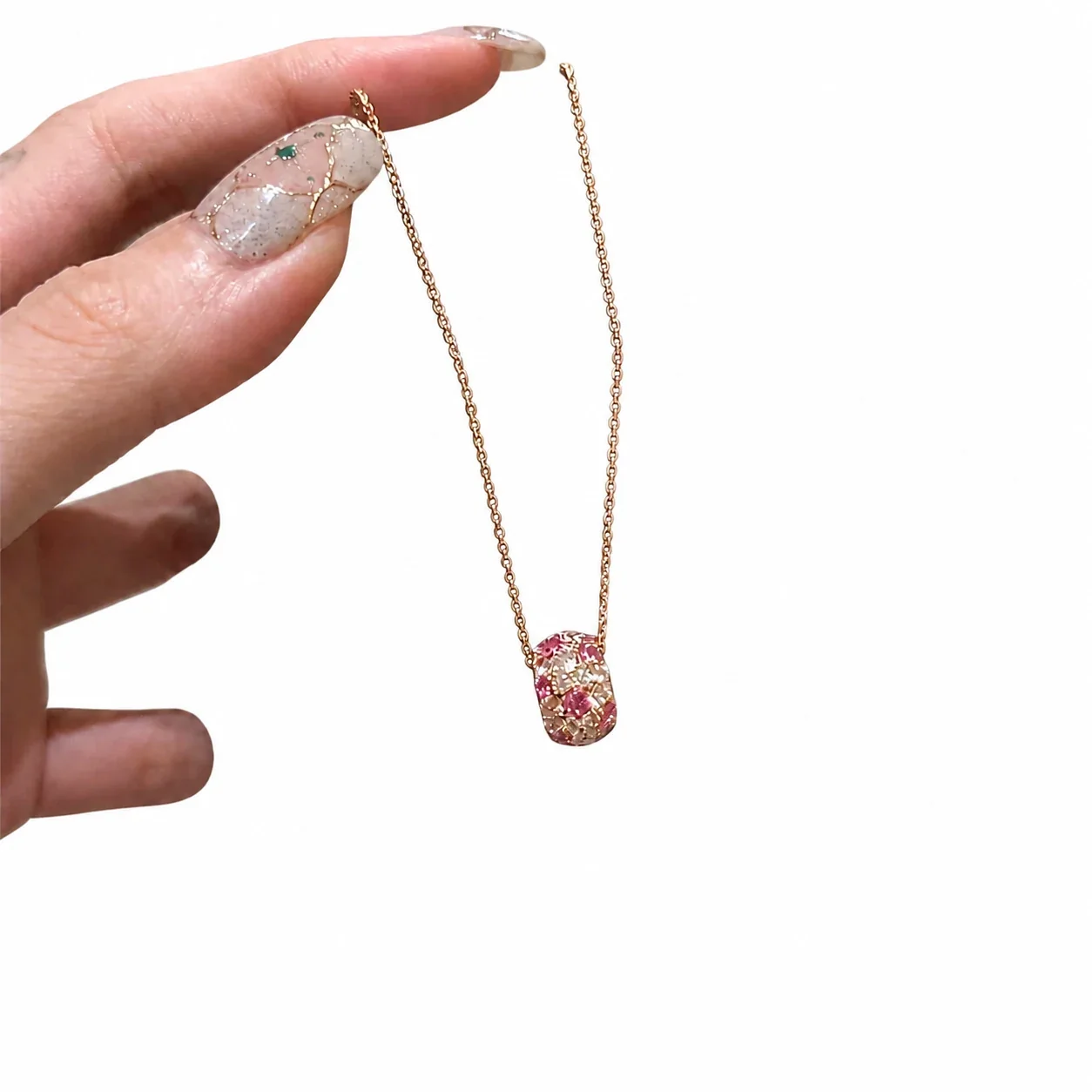 Dainty Rose Gold-Plated Copper Pink Crystal Oval Pendant Necklace