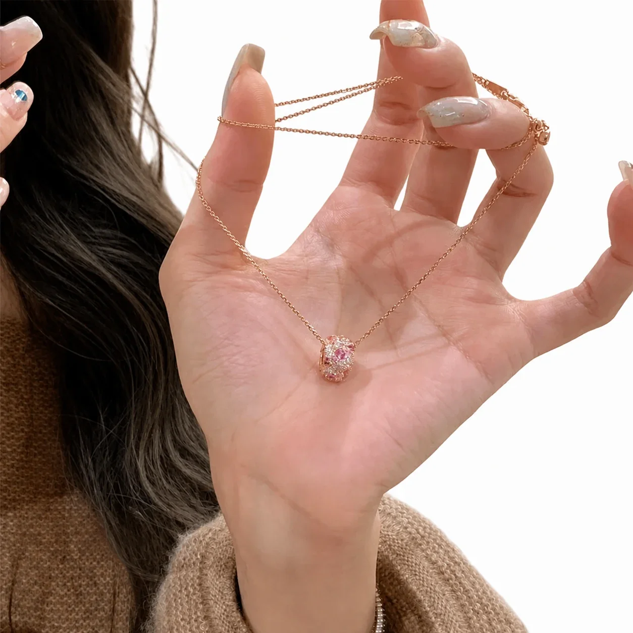 Dainty Rose Gold-Plated Copper Pink Crystal Oval Pendant Necklace
