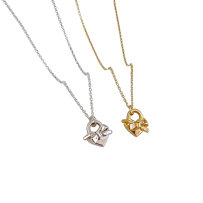 Romantic 925 Sterling Silver Bow Heart Pendant Necklace