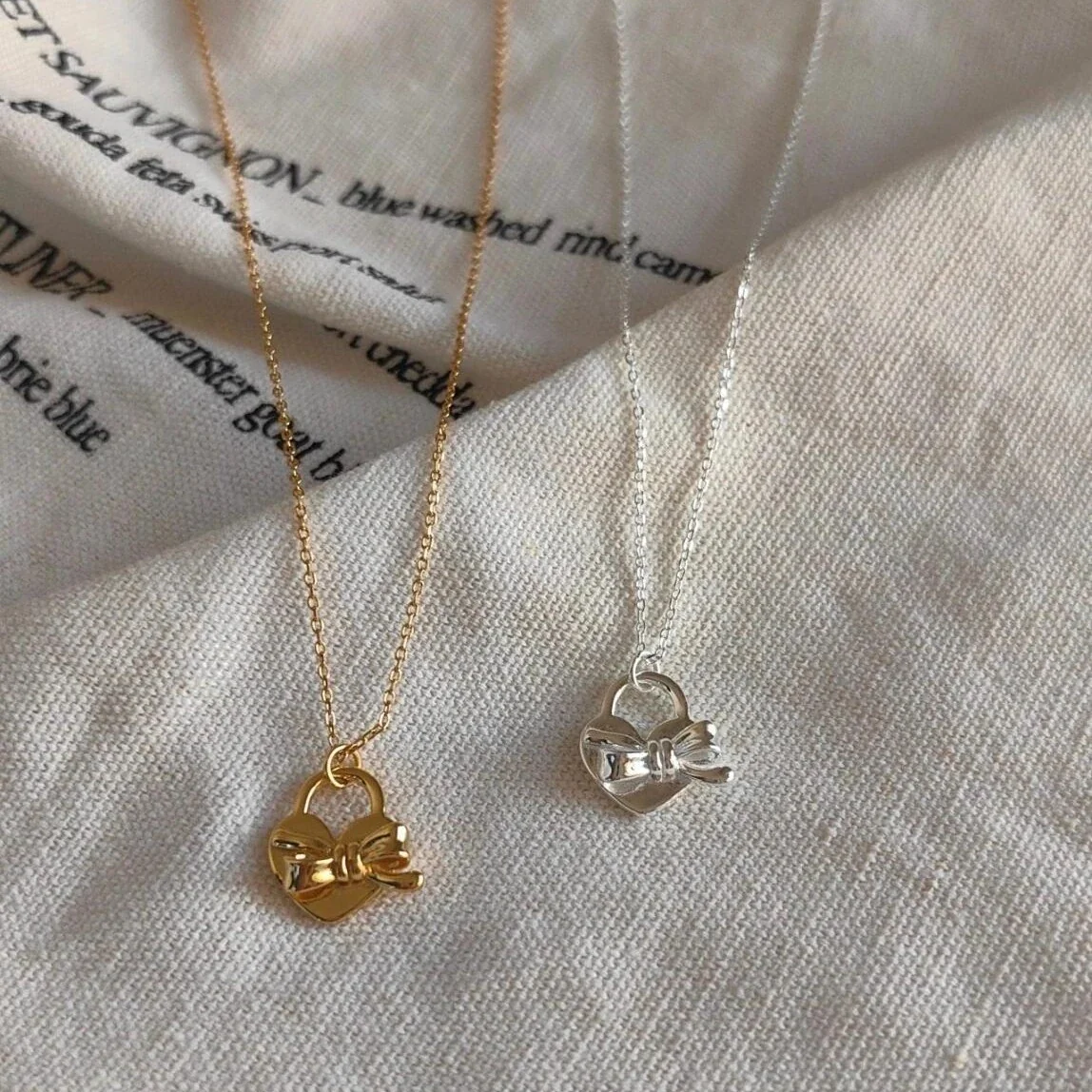 Romantic 925 Sterling Silver Bow Heart Pendant Necklace