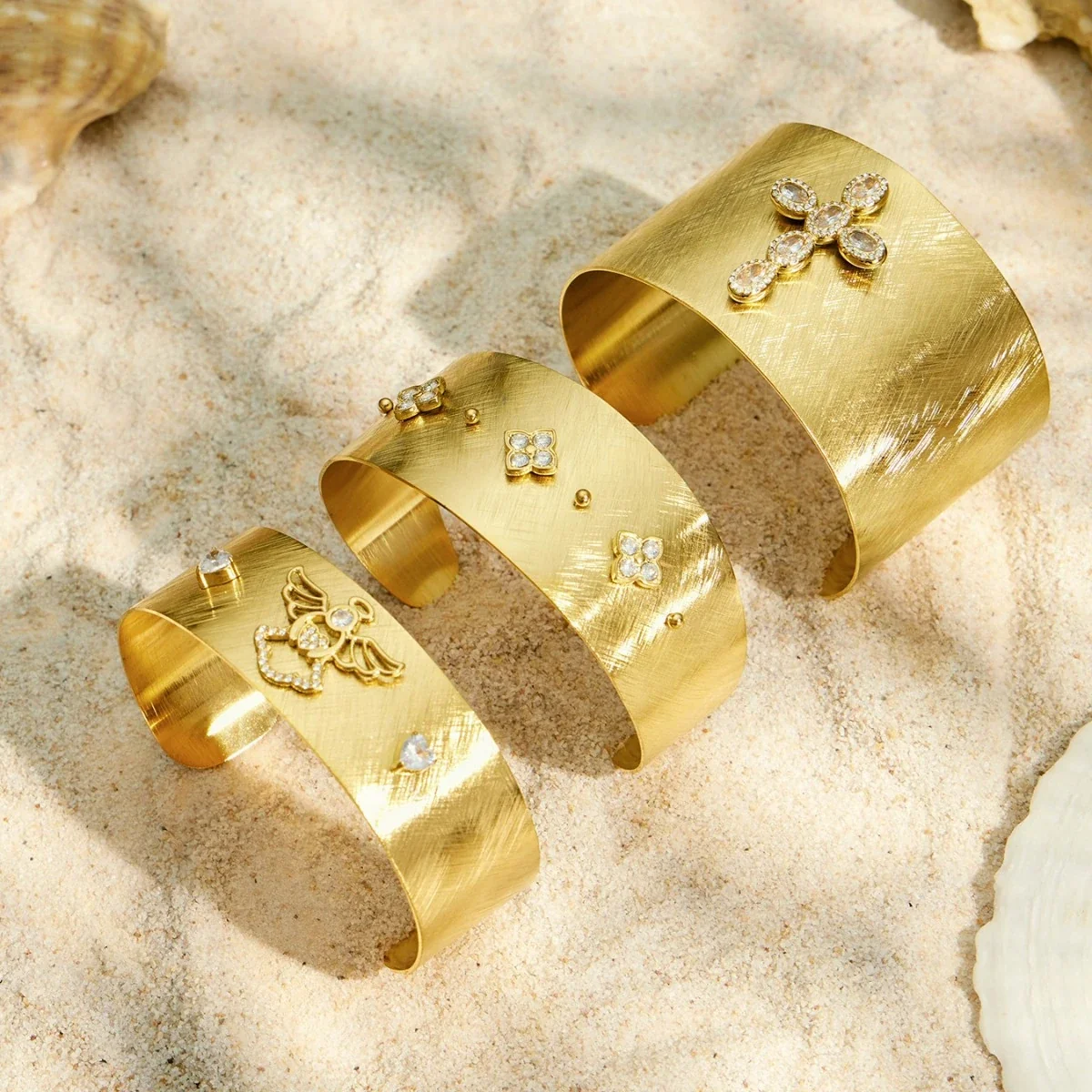 Bold Gold-Plated Brushed Wide Cubic Zirconia Bangle